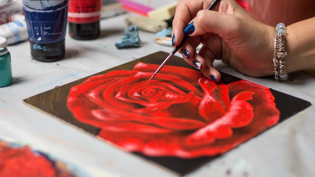 1280x720 Bright Red Rose - Red Rose Painting