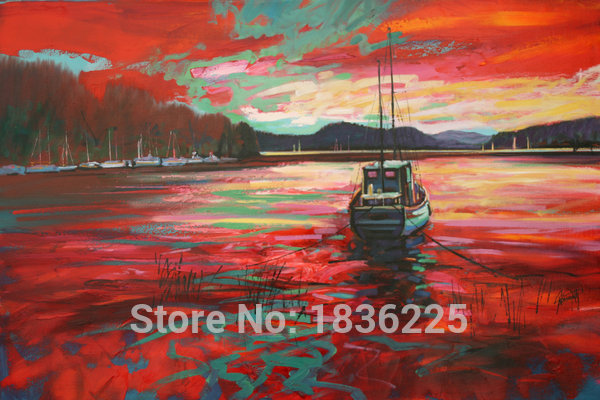 600x400 Hand Painted Boat With Red Sea Painting The Sunlight Cloud High - Red Sea Painting