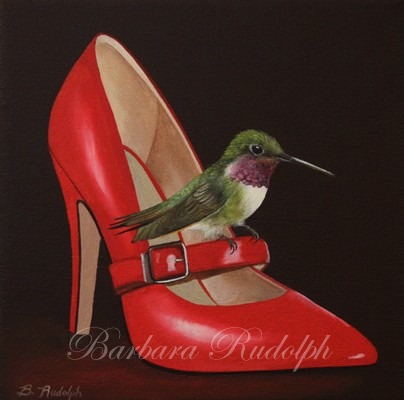 404x400 Barbara Rudolph Fine Art Red Shoe And Hummingbird Painting - Red Shoe Painting