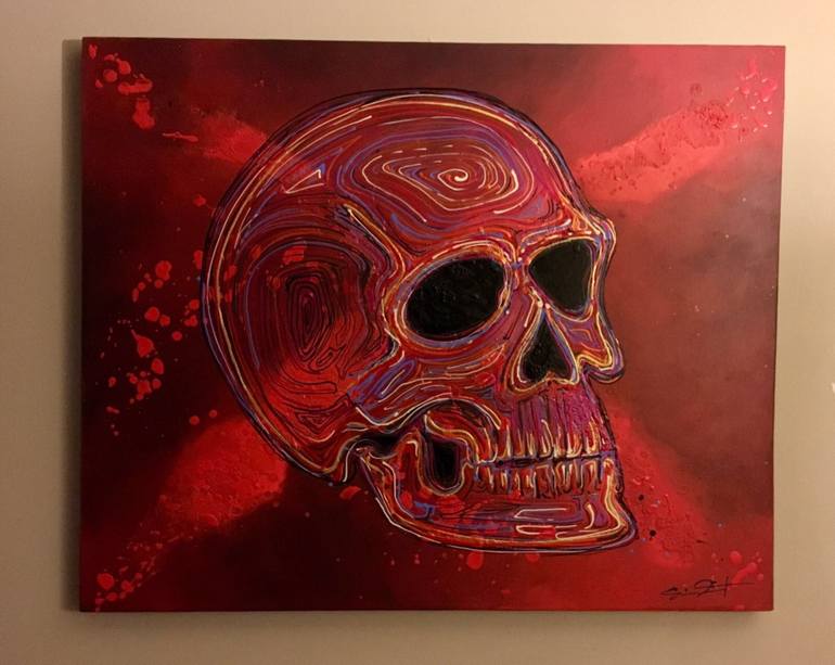 770x613 Saatchi Art Multi Color Textured Skull Painting By Liza Diaz Rivera - Red Skull Painting