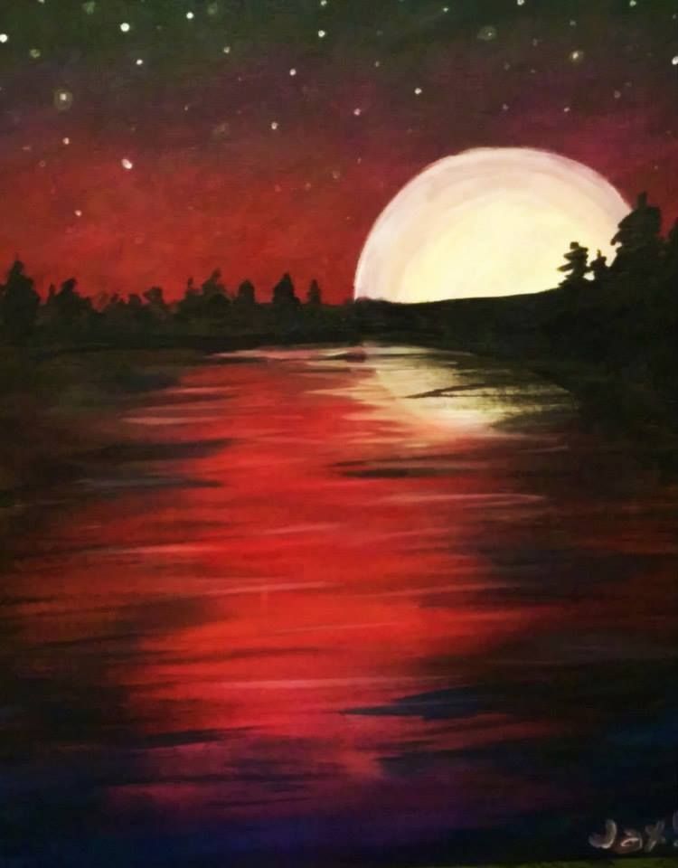 750x960 Moon Over A Wooded Lake Tuesday, February 24th 600 900 Crews - Red Sky Painting