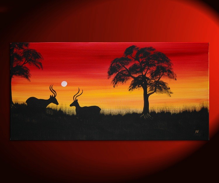 750x627 Sunset Antelope Painting Abstract Tree Art Happy Calming Mood - Red Sky Painting