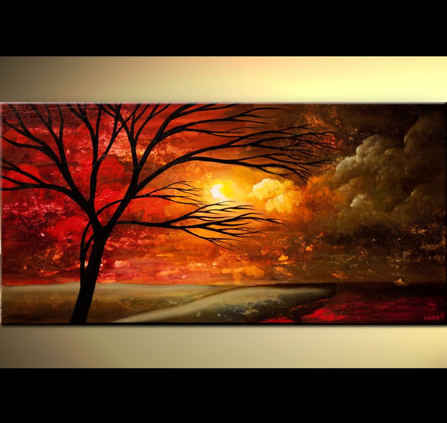 900x850 Original Large Abstract Red Tree Painting Red Sunset Landscape - Red Sunset Painting