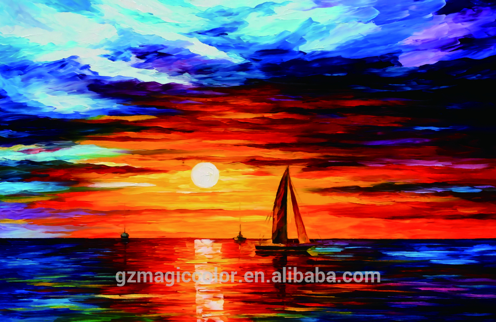 1000x650 Red Sunset On The Sea Oil Painting Wall Murals With Colorful Cloud - Red Sunset Painting