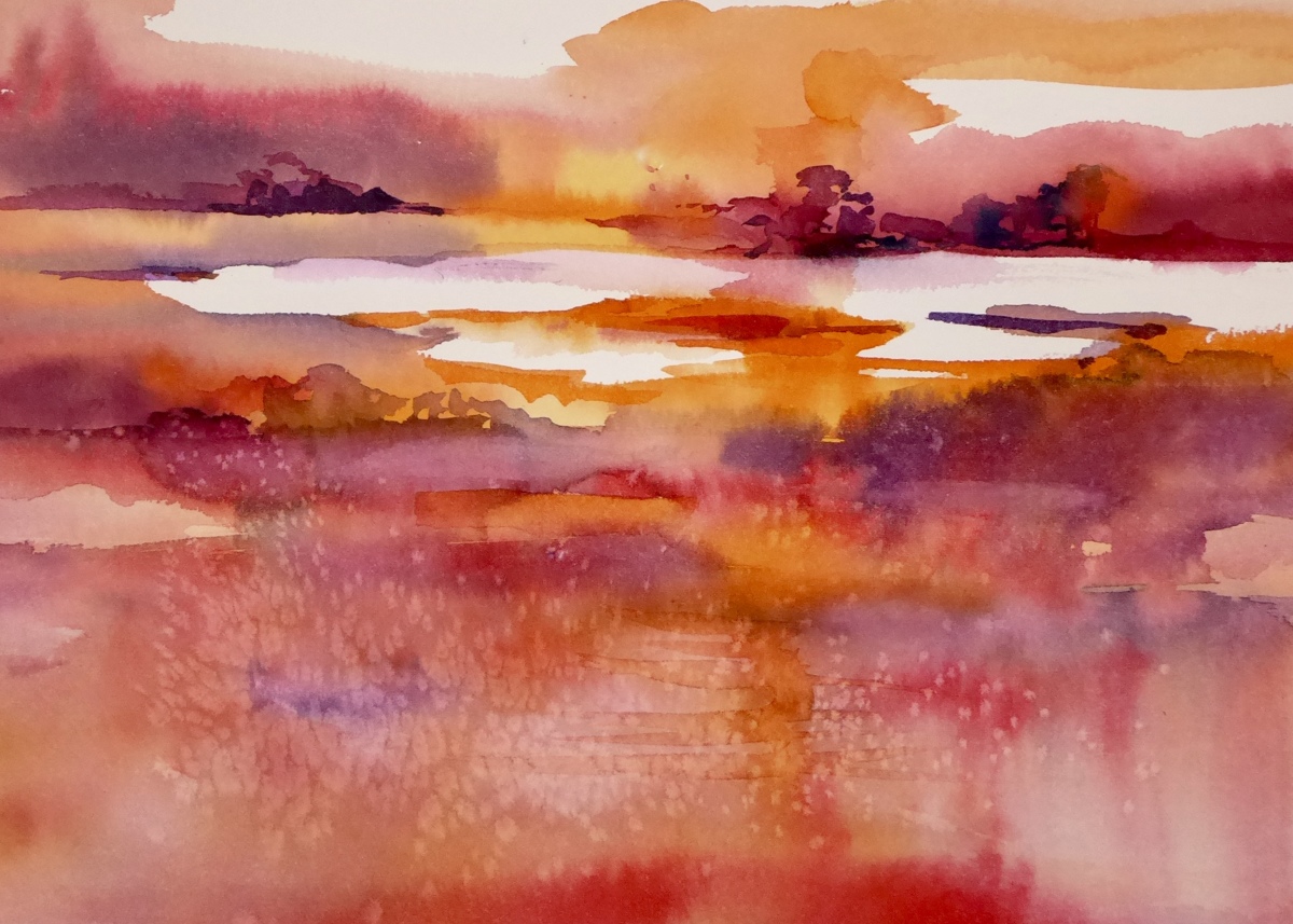 1200x857 Watercolor Paintings Red Sunset By Susan Ewart - Red Sunset Painting