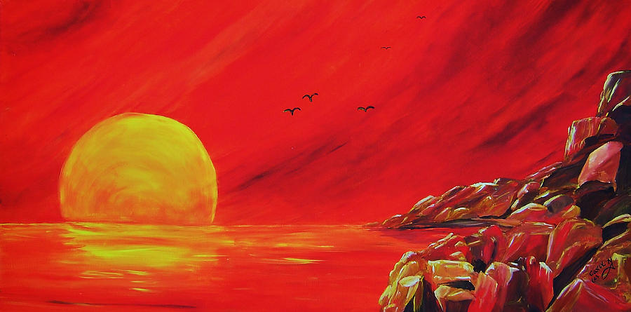 900x445 Yellow Sunset Over Red Lake Painting By Carol Nelissen - Red Sunset Painting