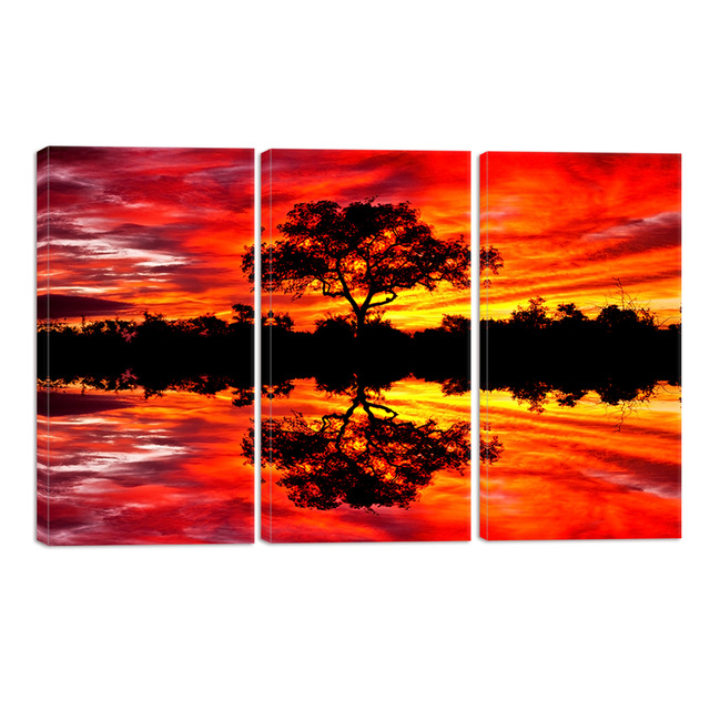640x640 3 Panels Hd Printed Red Sunset Scenery Tree Photo Wall Picture - Red Sunset Painting
