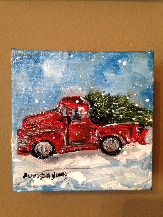 570x760 Original Christmas Painting, Red Truck Painting - Red Truck Painting