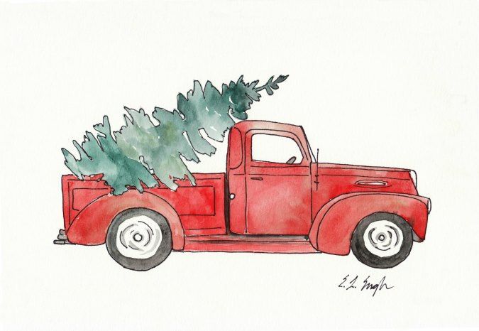 675x466 Red Truck With Christmas Tree, Original Watercolor Painting, 9x12 - Red Truck Painting