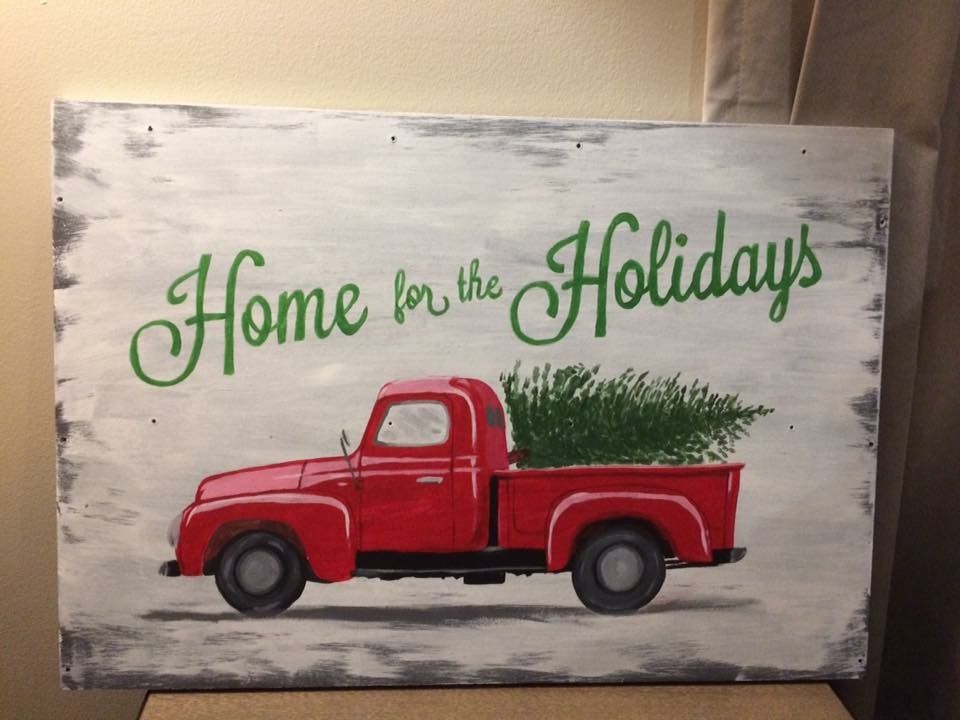 960x720 Red Truck Christmas Tree Home For The Holidays Painted Wood - Red Truck Painting