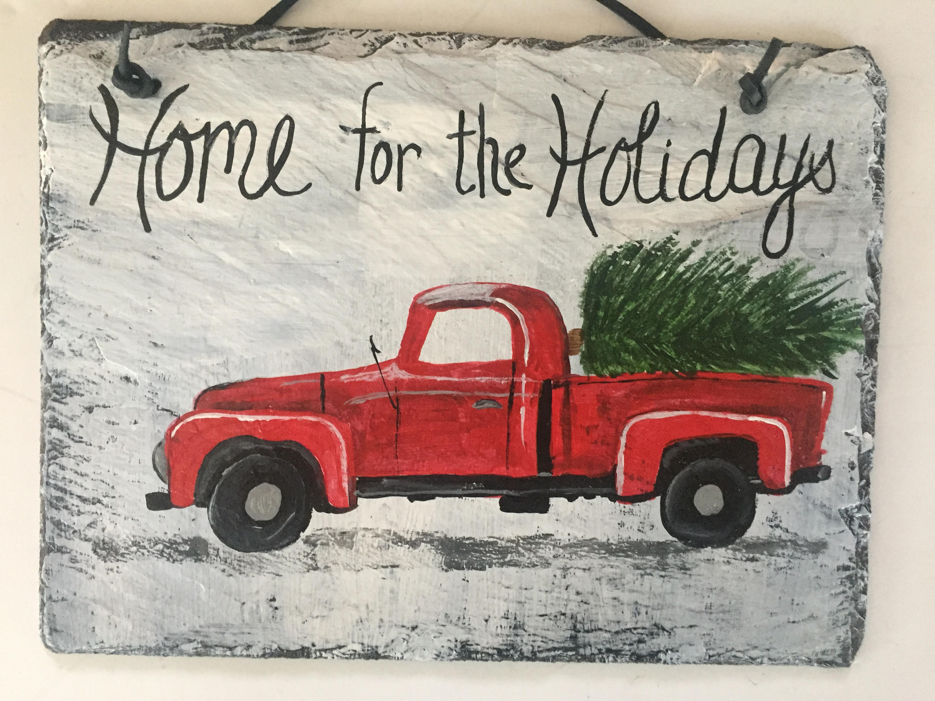 3000x2250 Home For The Holidays Welcome Sign, Painted Slate Christmas Sign - Red Truck Painting