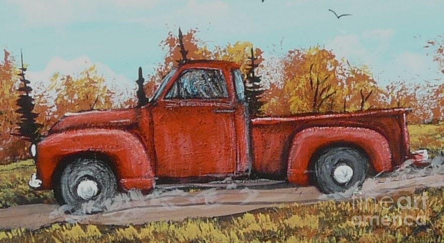 882x484 Old Red Truck Going Down The Road Painting By Bobbylee Farrier - Red Truck Painting