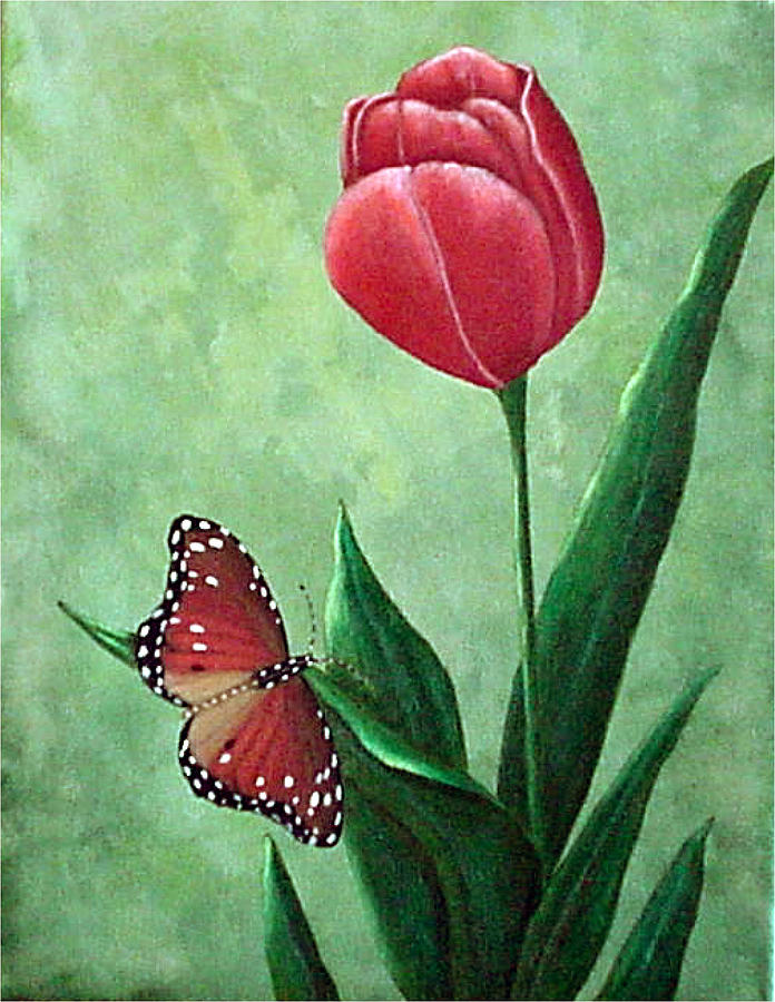 696x900 Queen Monarch And Red Tulip Painting By Fran Brooks - Red Tulip Painting