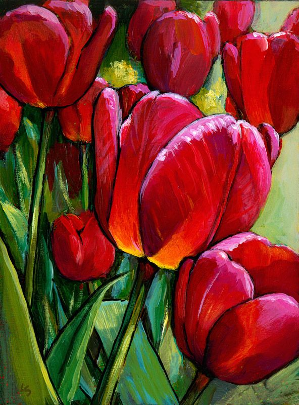 592x800 Red Tulips, Green Leaves Lesley Spanos Art Painting - Red Tulip Painting