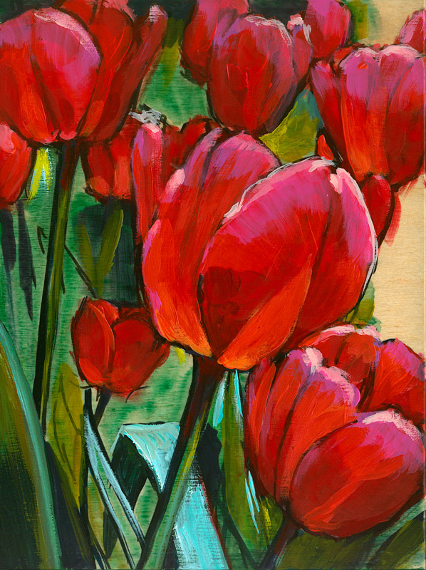598x800 Red Tulips, Green Leaves Lesley Spanos Art - Red Tulip Painting