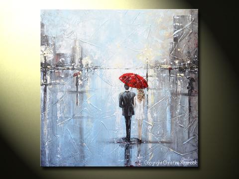 480x360 Original Art Abstract Painting Couple Red Umbrella Girl - Red Umbrella Canvas Painting