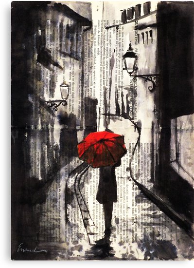 399x550 Silent Street Vintage Ink Drawing Collage Painting Girl Red - Red Umbrella Canvas Painting