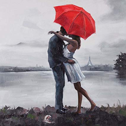 425x425 Modern Art Kissing In The Rain Under Red Umbrella - Red Umbrella Canvas Painting