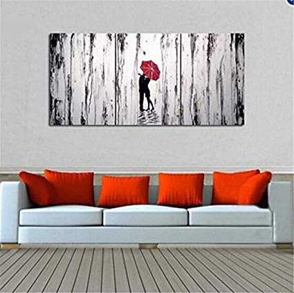 425x424 100% Hand Painted Lover Hug In Rainy Day Red Umbrella - Red Umbrella Painting