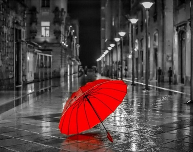 640x505 Diamond Embroidery Street Red Umbrella Diy 5d Diamond Paintings - Red Umbrella Painting