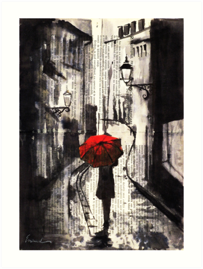 413x549 Silent Street Vintage Ink Drawing Collage Painting Girl Red - Red Umbrella Painting