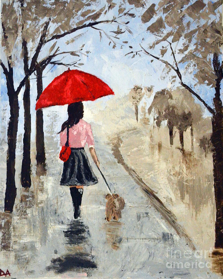719x900 A Girl With Red Umbrella And A Dog Painting By Diana Agabs - Red Umbrella Painting
