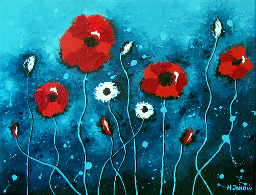 500x382 Original Blue Sky Flower Painting - Red White And Blue Painting