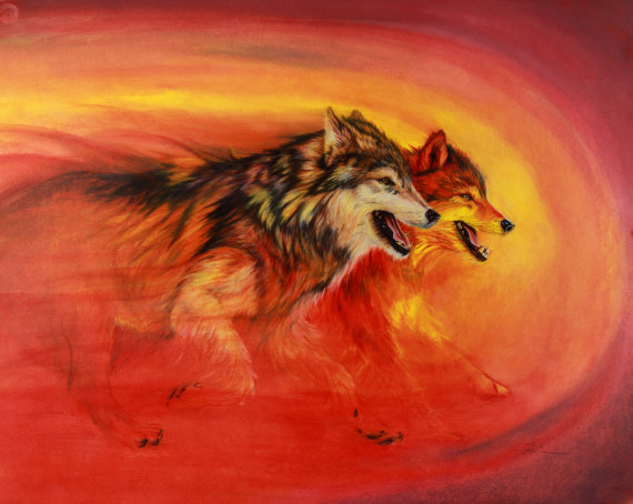 570x454 The Hunt Painting Of Wolves Hunting. Red, Orange And Yellow - Red Wolf Painting