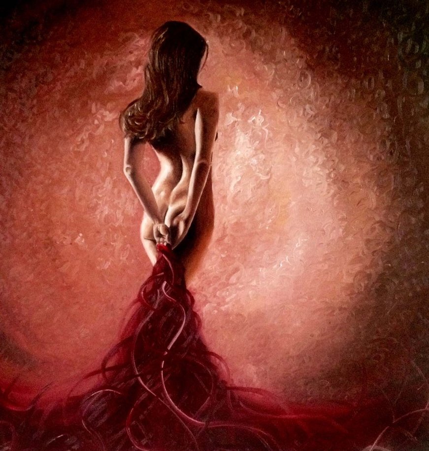 871x916 Pensieve Lady In Red By Lianne Issa - Red Woman Painting