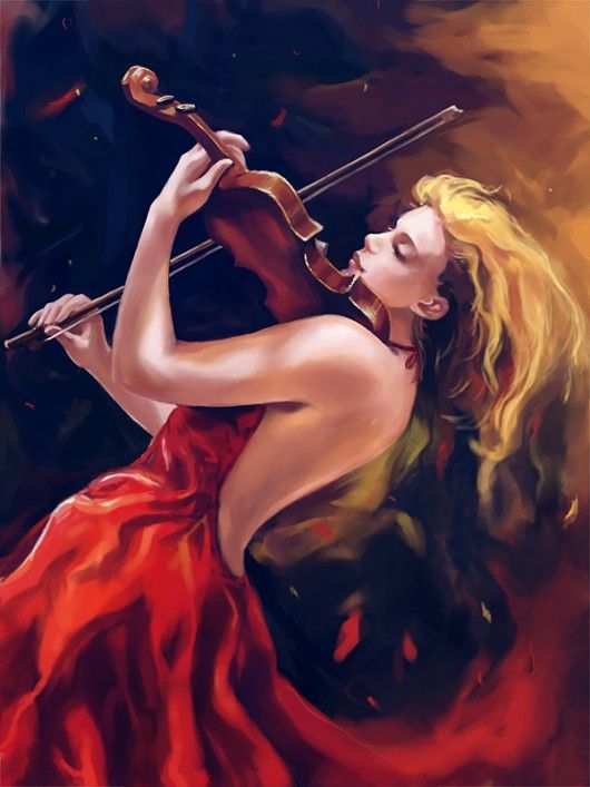 530x707 Art,fantasy Red Woman Playing Music Lady In Red - Red Woman Painting