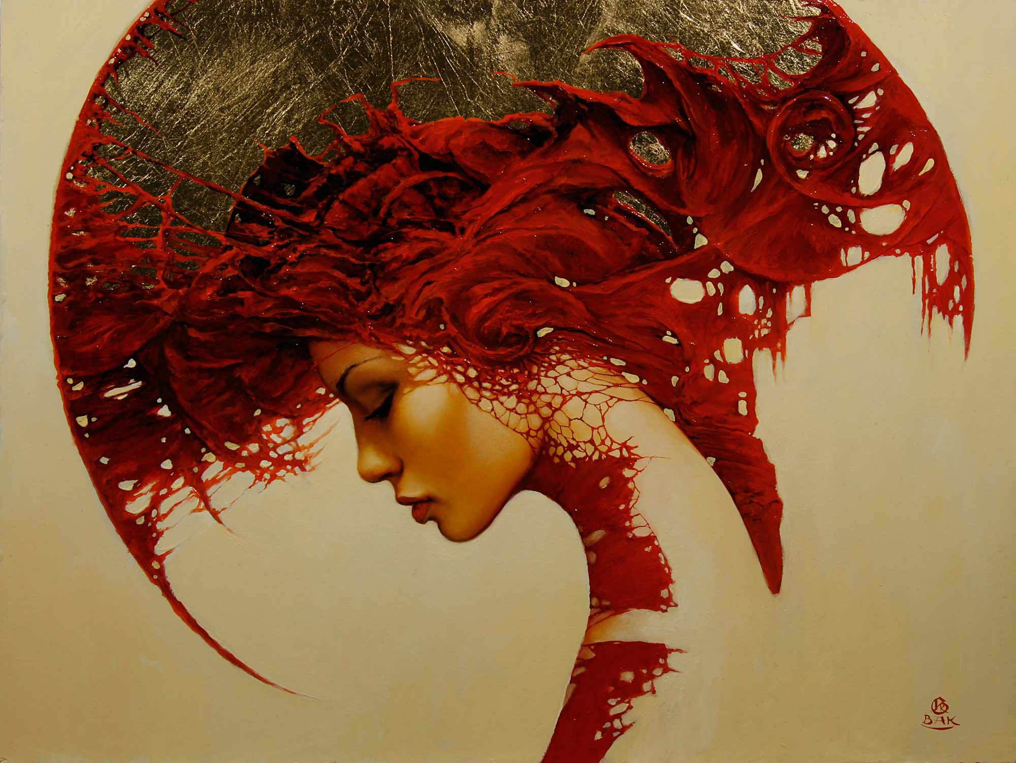 2000x1503 Art Woman Shapes Patterns Fantasy Gothic Red Portrait Painting - Red Woman Painting