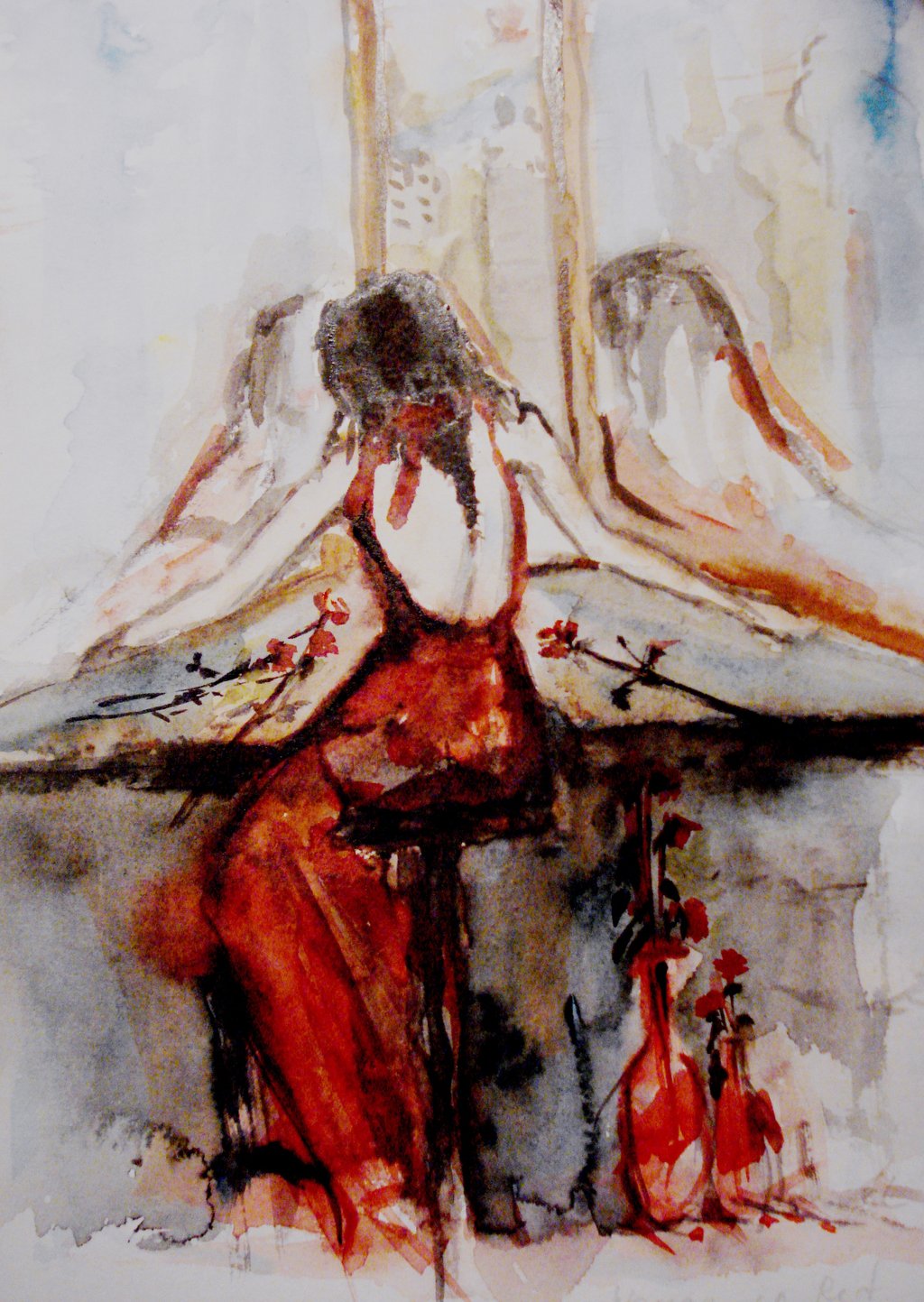 1024x1443 Woman In Red Dress By Vestra - Red Woman Painting