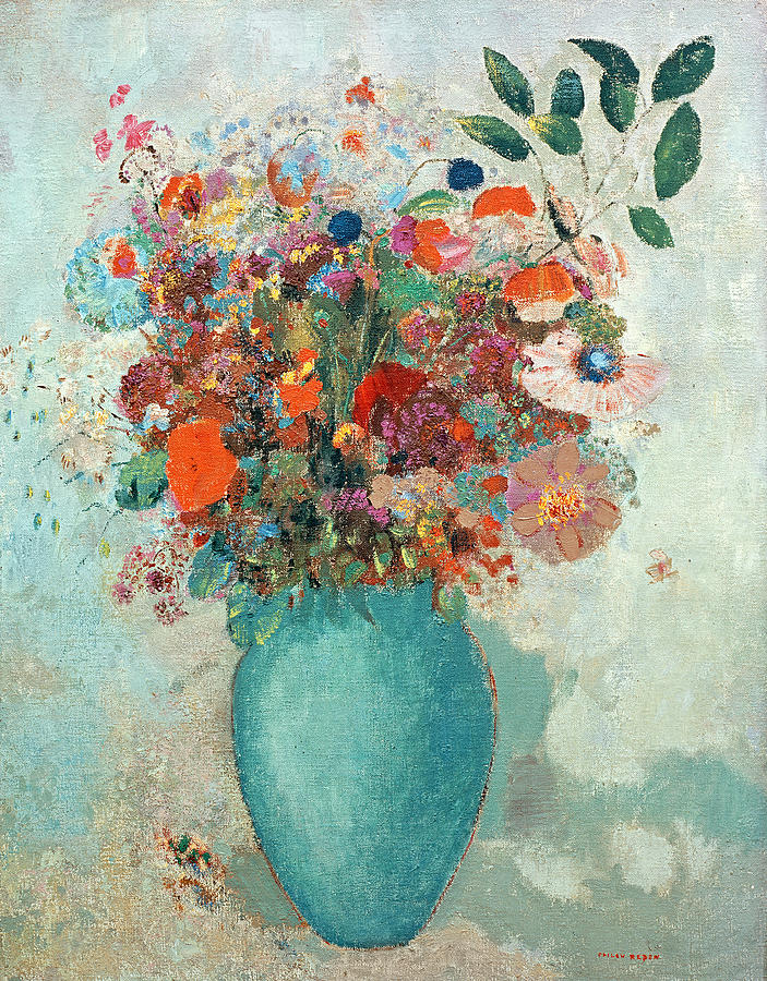 703x900 Flowers In A Turquoise Vase Painting By Odilon Redon - Redon Painting