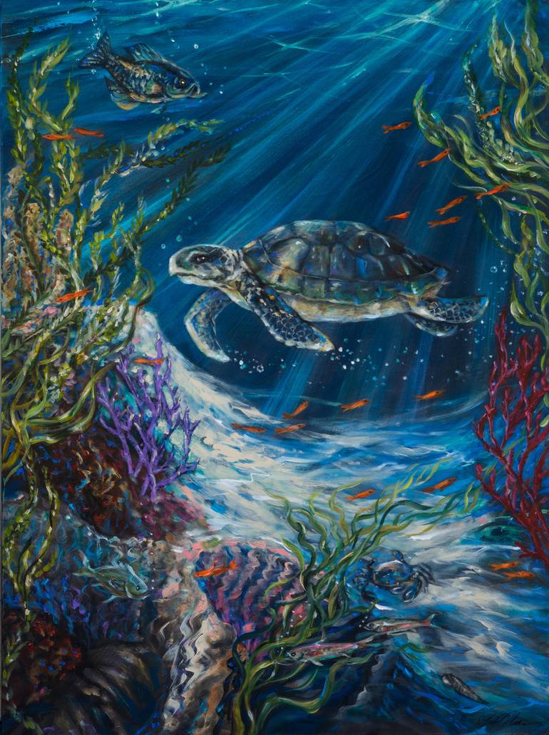 770x1031 Saatchi Art Coral Reef Turtle Painting By Linda Olsen - Reef Painting