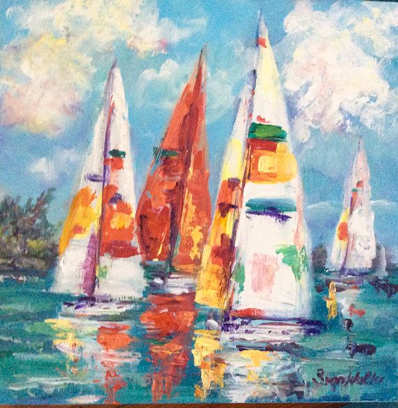 570x585 Sailboats Regatta Painting Original Art Originals, Painting Art - Regatta Painting