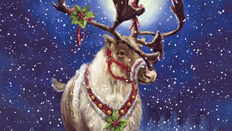 910x512 Arts, Christmas, Reindeer, Xmas, Christmas Greeting Cards, Snow - Reindeer Christmas Painting
