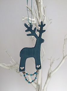 223x300 Blue Chalk Painted Beaded Reindeer Christmas Decoration, Wooden - Reindeer Christmas Painting