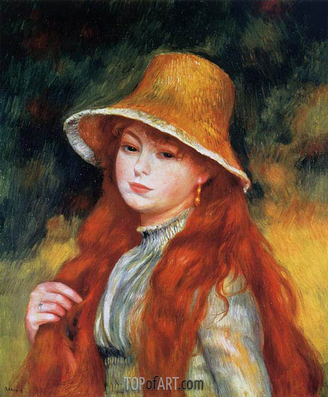 463x560 Young Girl In A Straw Hat Renoir Painting Reproduction 1816 - Renoir Girl Painting