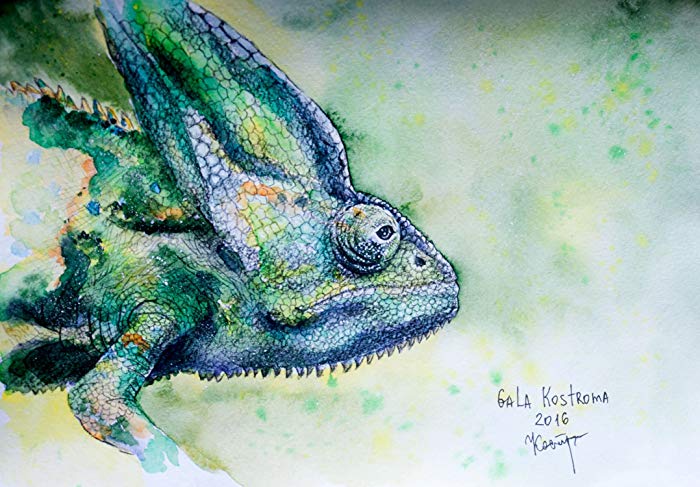 700x487 Chameleon Original Reptile Watercolor Painting Handmade - Reptile Painting