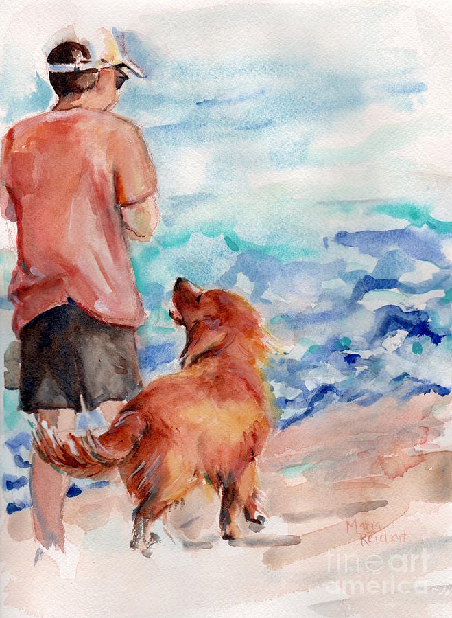 659x900 Golden Retriever At The Beach Painting By Maria's Watercolor - Retriever Painting