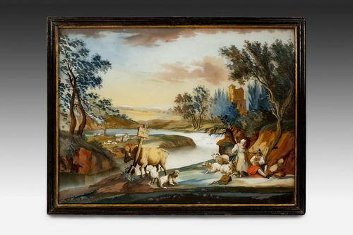 500x333 Late 18th Century Reverse Glass Painting (Germany, C. 1780) Bada - Reverse Glass Painting