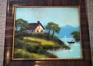 300x212 Vintage Reverse Glass Painting Cottage By A Lake Ebay - Reverse Glass Painting