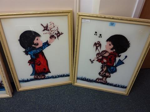 480x360 Pair Of 1950's Vintage Reverse Paintings On Glass, Two Girls - Reverse Painting On Glass Artists