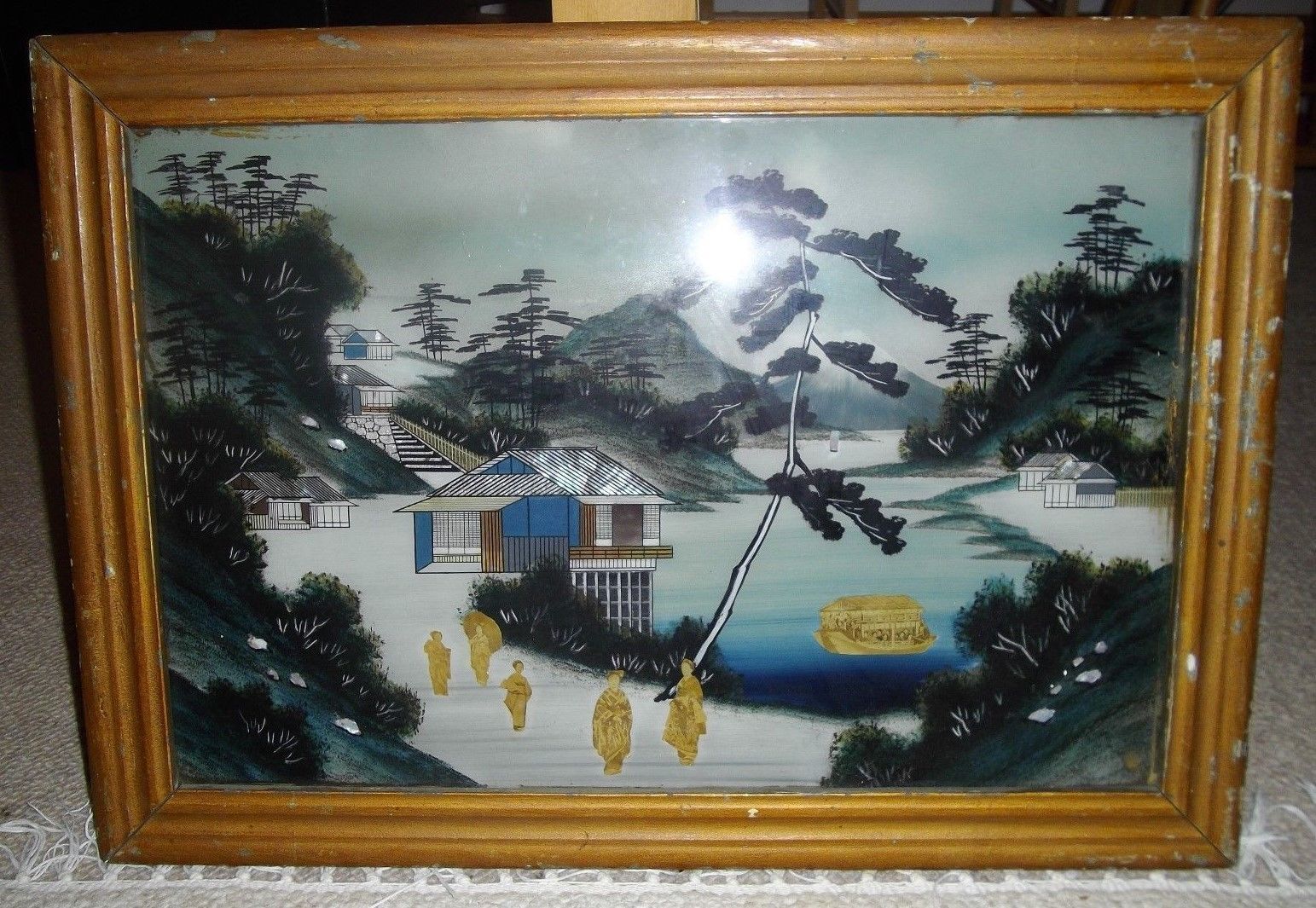 1543x1065 Antique Japanese Reverse Painting On Glass Decoupage Figures Meiji - Reverse Painting On Glass With Acrylics