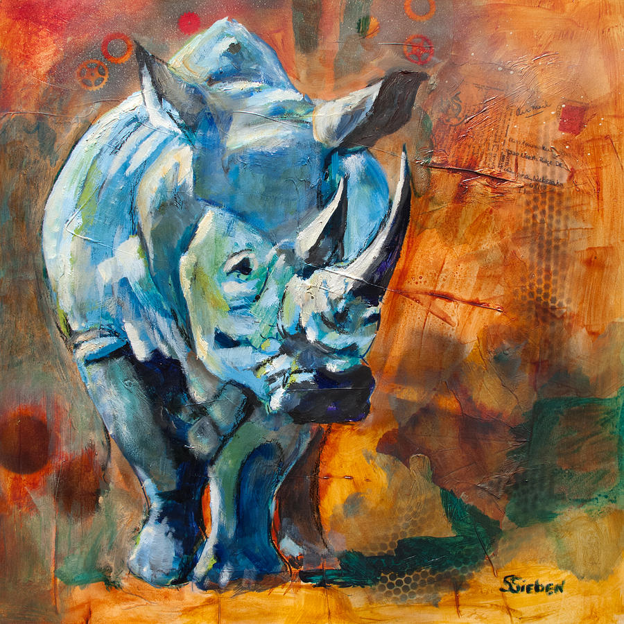 900x900 Rhino Romp Painting By Sharon Sieben - Rhino Painting