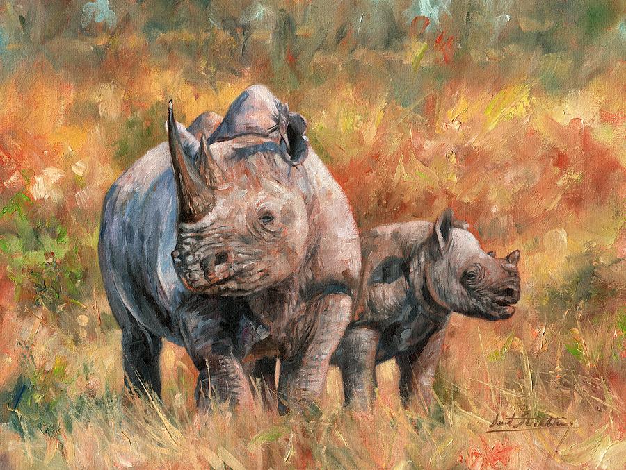 900x677 Rhinos Painting By David Stribbling - Rhino Painting