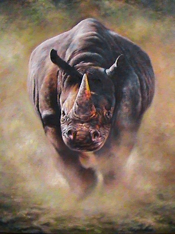 600x800 Charging Rhino Painting By Myfa Therzson - Rhino Painting