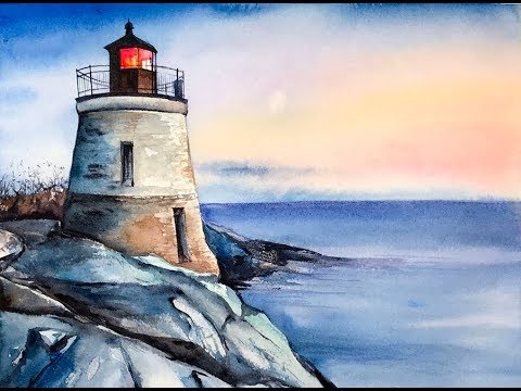 480x360 Watercolor Castle Hill Lighthouse (Rhode Island) Painting - Rhode Island Painting