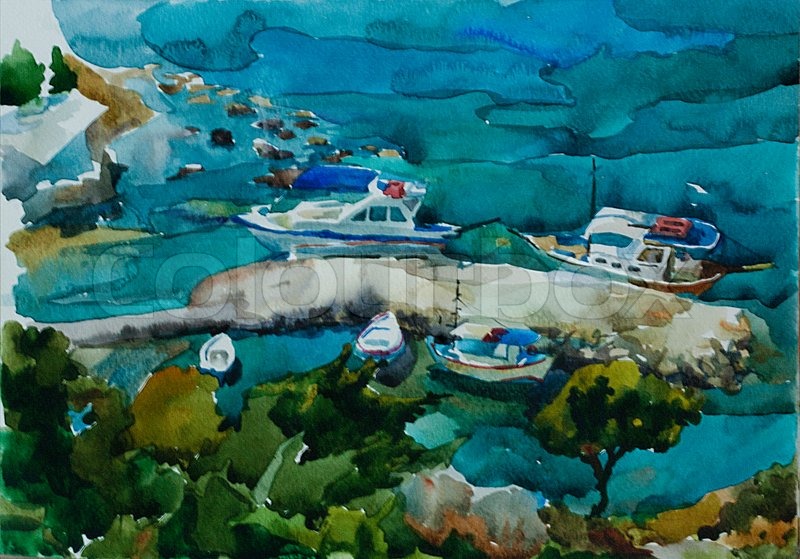 800x559 Turquoise Harbour In Rhodes, Greece, Original Watercolor Painting - Rhodes Painting