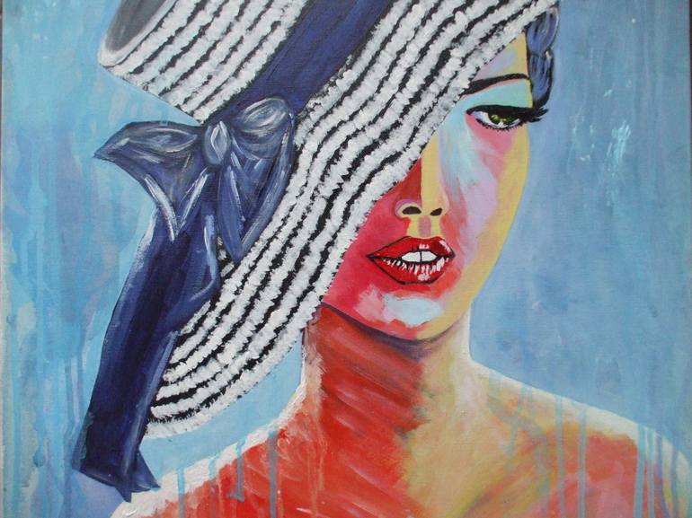 770x577 Saatchi Art Woman With The Hat Blue Ribbon Painting By Maria Cunha - Ribbon Painting
